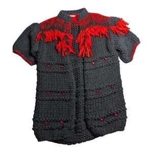 Vtg 1990s Black Red Handmade Fringe Trim Beaded Chunky Short Sleeve Cardigan L
